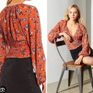 Free People Floral Ruched Orange Blouse